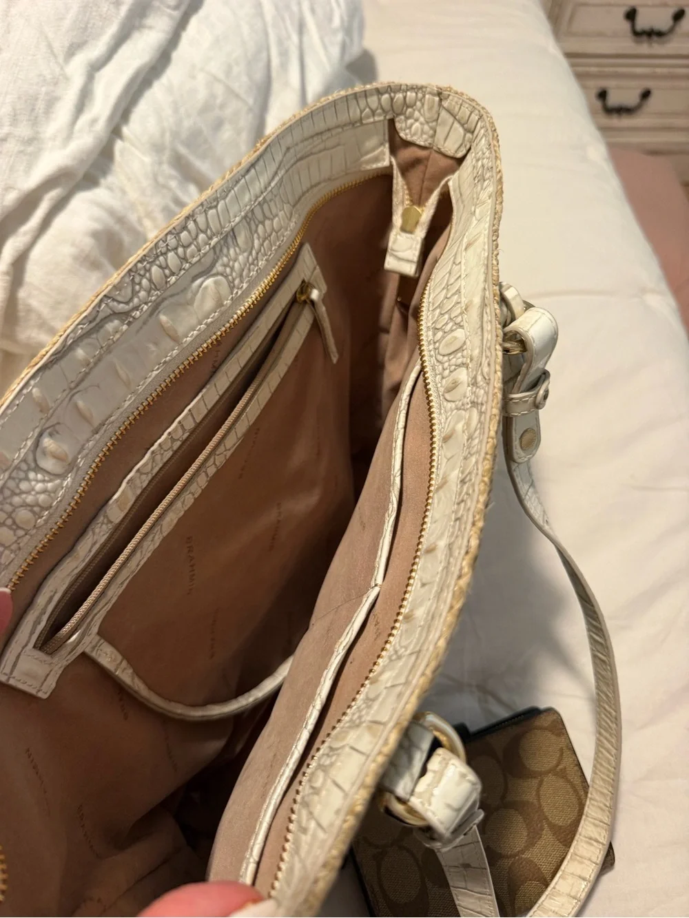 Brahmin Neutral Straw Tote Bag with White Croc Trim
